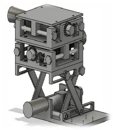 CAD render of the 3D linear stage: stacked axis frames with lead screws, gears and a scissor lift on the base plate.