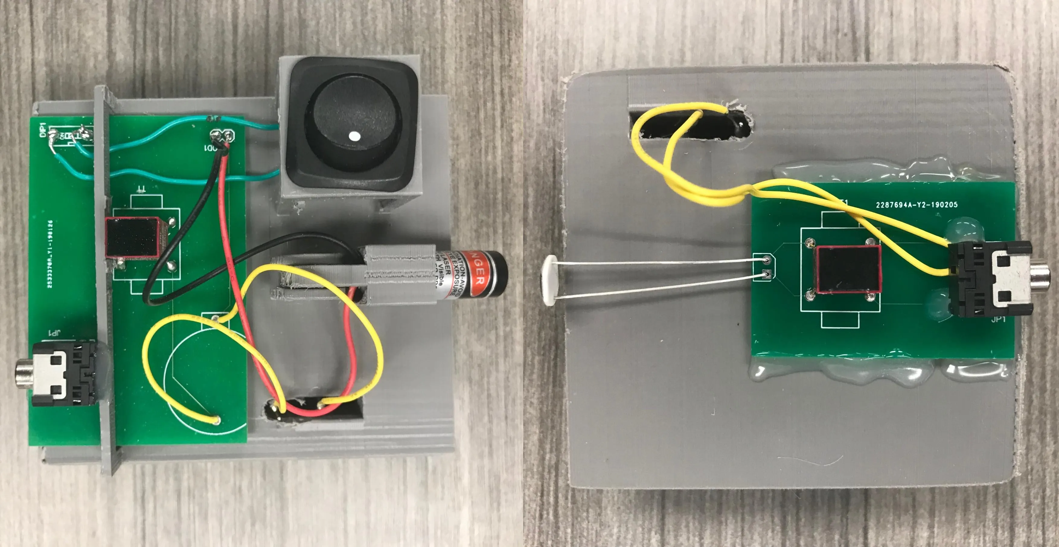 The transmitter and receiver units, seen from above. The transmitter is a 3D-printed housing holding a circuit board, a power switch and a red laser diode; the receiver is a board with a photodiode and an audio jack.